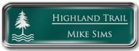 Framed Name Tag: Silver Metal (rounded corners) - Evergreen and White Plastic Insert with Epoxy