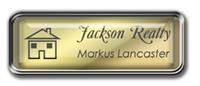 Framed Name Tag: Silver Metal (rounded corners) - Shiny Gold and Black Plastic Insert with Epoxy